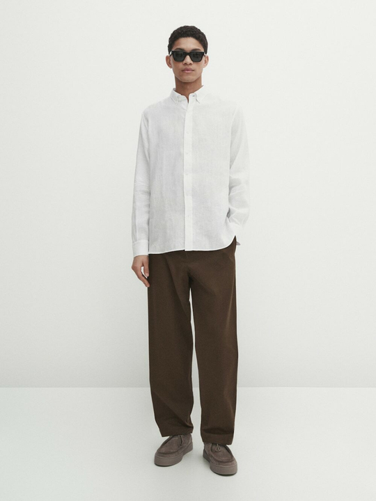 Massimo Dutti Рубашка классического кроя из 100% льна,  белый
