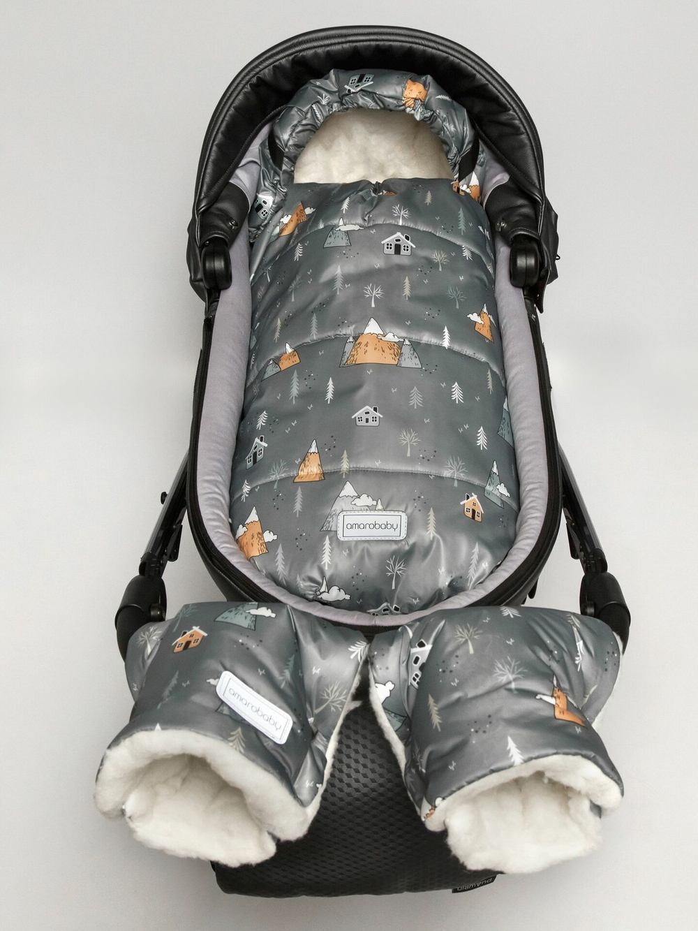 Конверт зимний меховой AMAROBABY Snowy Travel Горы, серый, 105 см.