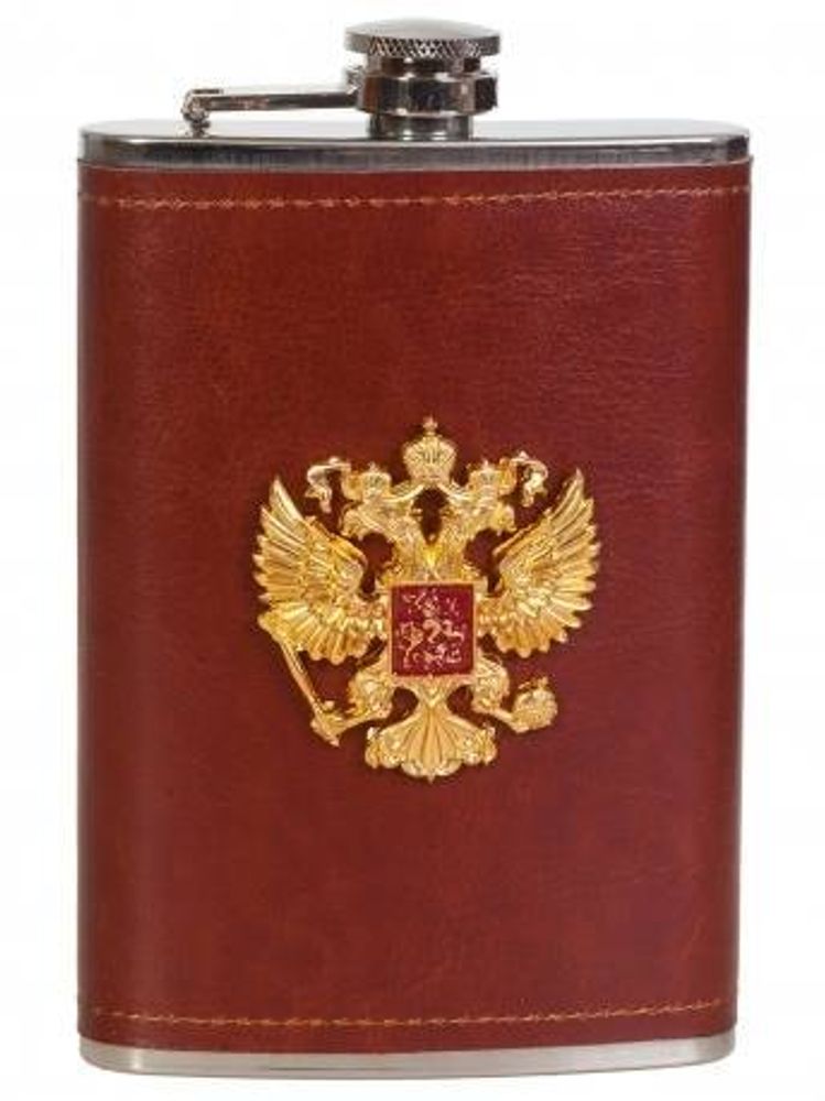 Фляжка в кожаном чехле с накладкой Герб России 300мл