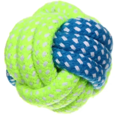 Игрушка - мячик для собак средних и мелких пород «КАНАТНЫЙ ИГРУЛИК», желтый/синий, d-6см (лейбл)