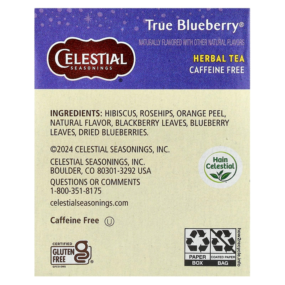 Celestial Seasonings, Травяной чай, без кофеина, Черника, 20 пакетиков, 1,6 унции (45 г)