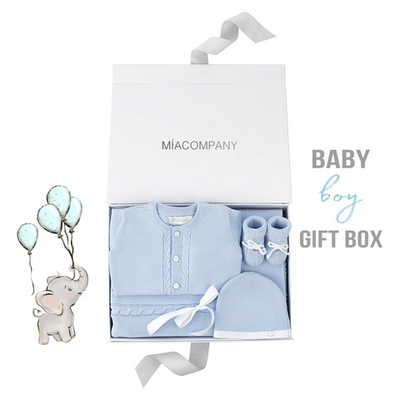 Подарочный набор на выписку из хлопка: плед, комбинезон с косами, шапочка и пинетки (Голубой)