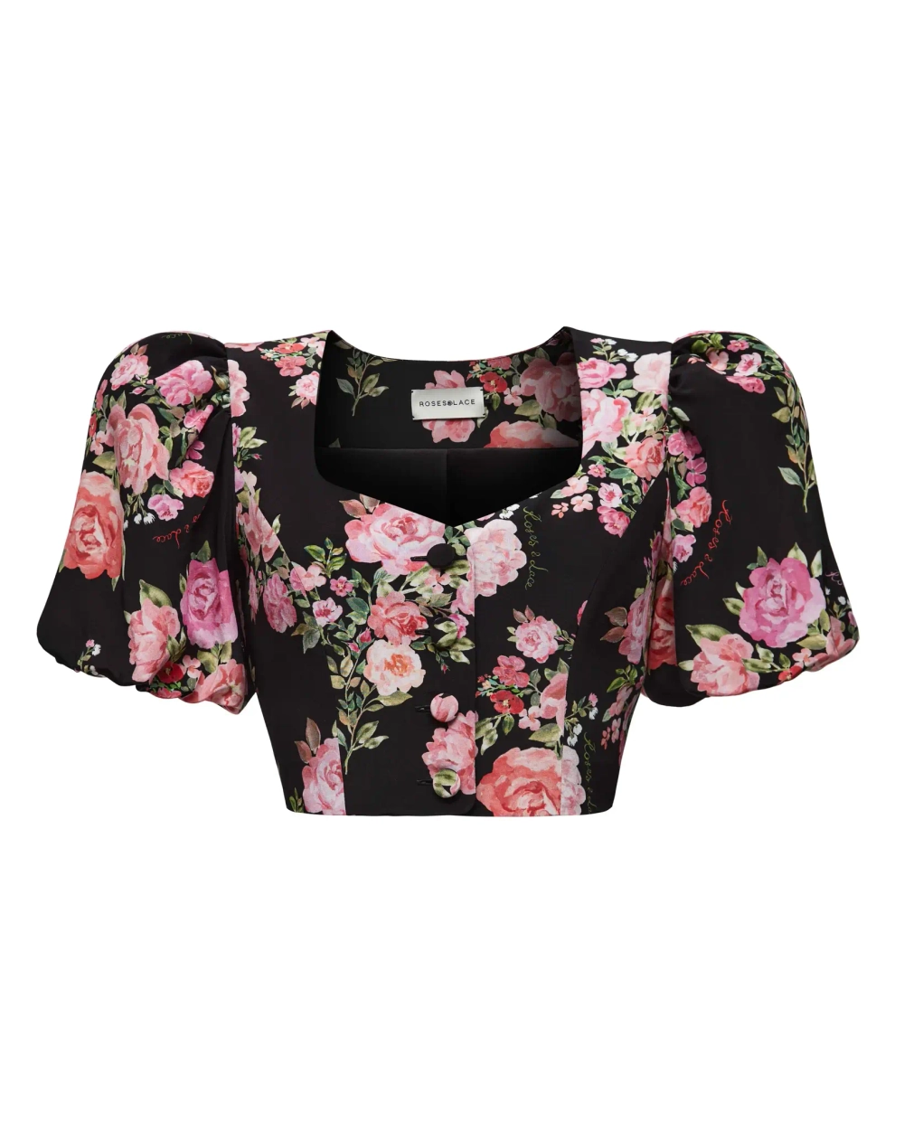 Шанель (Chanelle), жакет укороченный с рукавом фонарь, черный со средними розовыми цветами