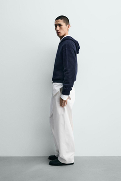 ZARA СВИТЕР ИЗ ХЛОПКА И ШЕРСТИ С КАПЮШОНОМ, МОРСКОЙ СИНИЙ