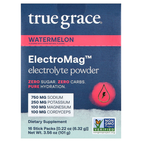 True Grace, ElectroMag™, электролитный порошок, со вкусом арбуза, 16 пакетиков по 6,32 г (0,22 унции)