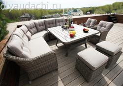 Угловой комплект дачной мебели из искусственного ротанга СОРРЕНТО обеденная группа ( подушки темно-серые)