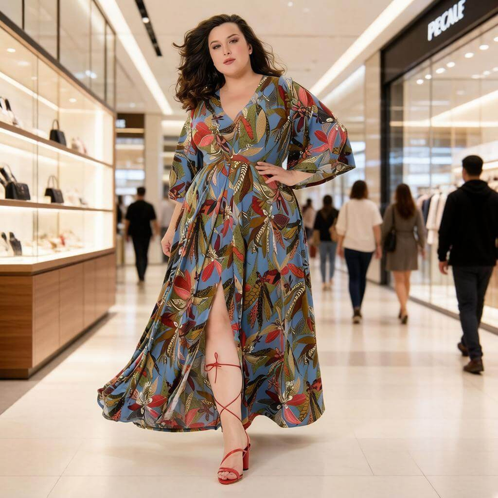 Платье с разрезом, принт яркий