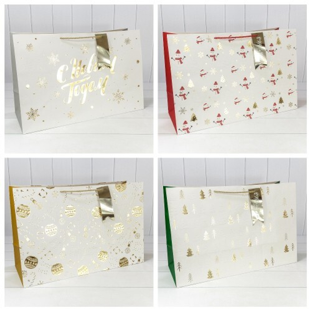 Пакет подарочный 64 х 42 х 20 см Набор 4 шт "Новый год" с тиснением (Белый)