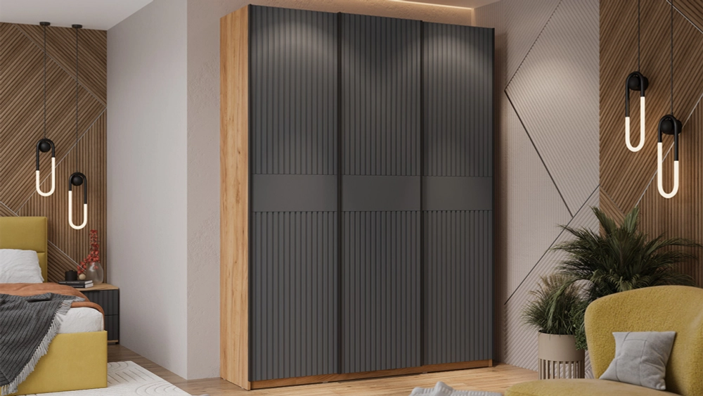 Шкаф-купе Оскар Хилтон 3-х дверный 177 дуб крафт золотой / графит матовый / ручка черная