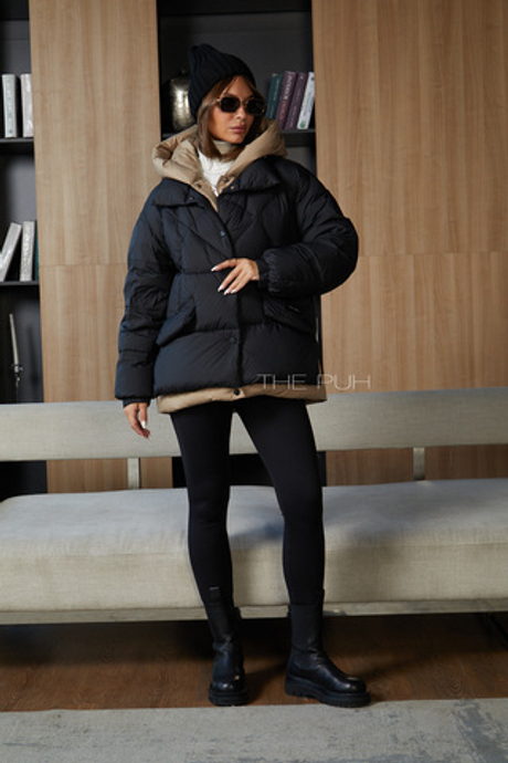 Женский черно-коричневый многослойный пуховик