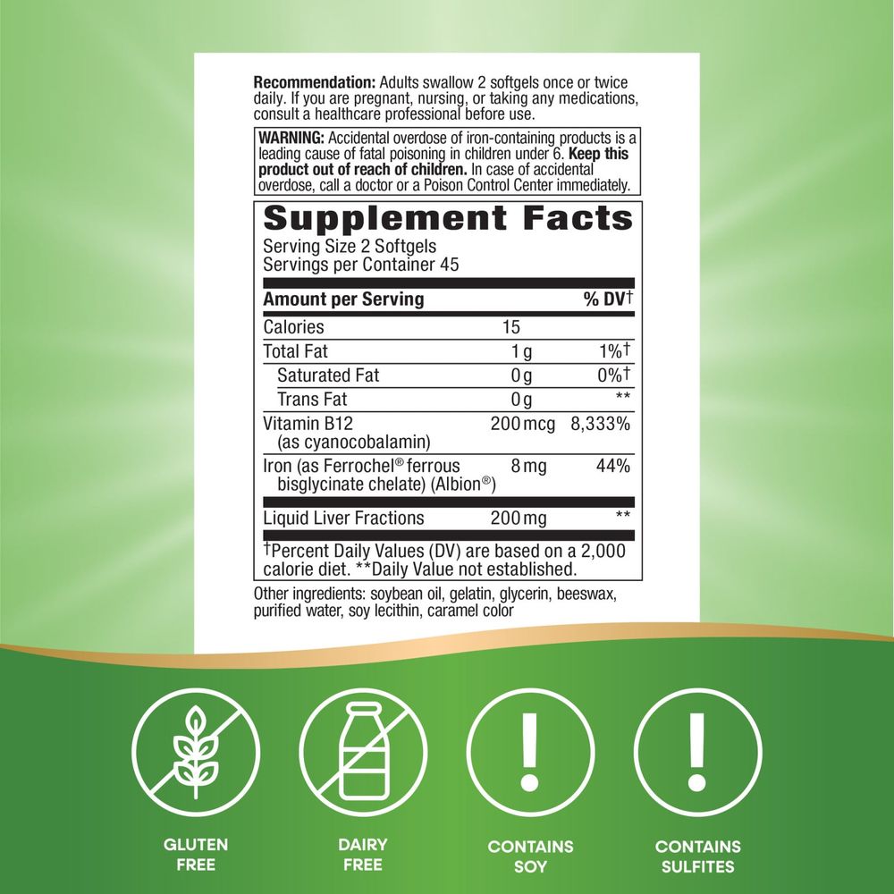 Nature's Way, Energizing Iron, формула с двойным железом, 90 мягких желатиновых капсул