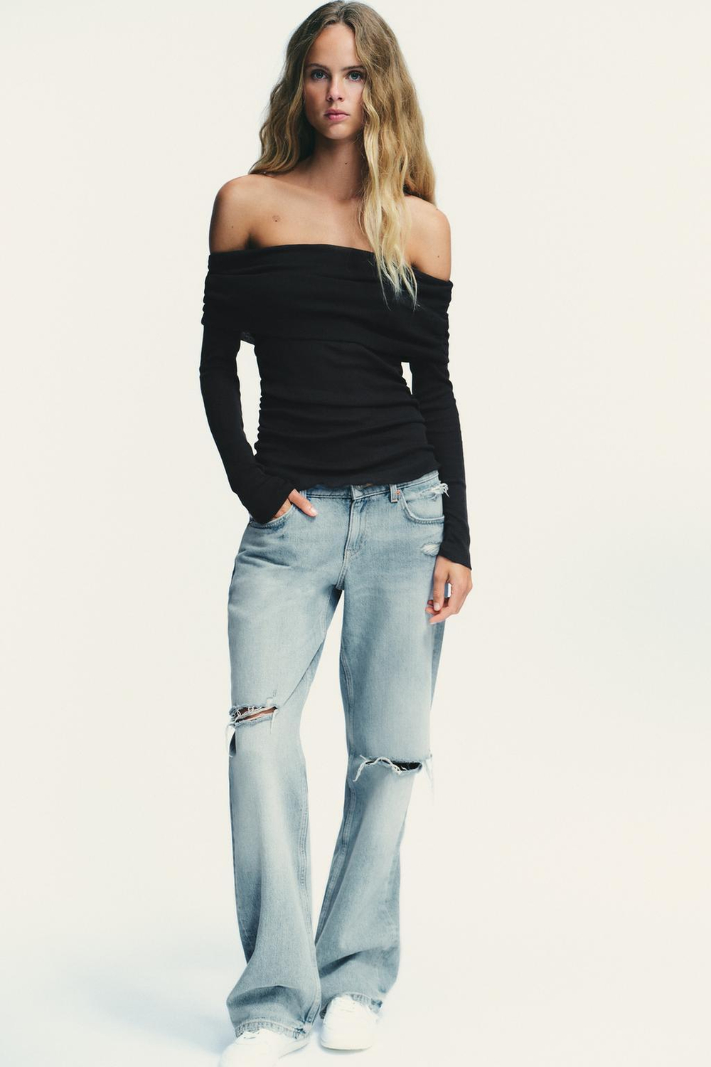 ZARA ФУТБОЛКА БЕЗ БРЕТЕЛЕЙ СО СБОРКАМИ, ЧЕРНЫЙ