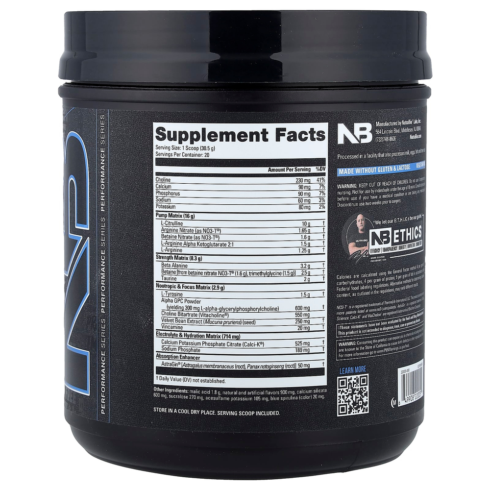 NutraBio, PRE-Workout, предтренировочный комплекс, без стимуляторов, со вкусом голубой малины, 609 г (1,34 фунта)