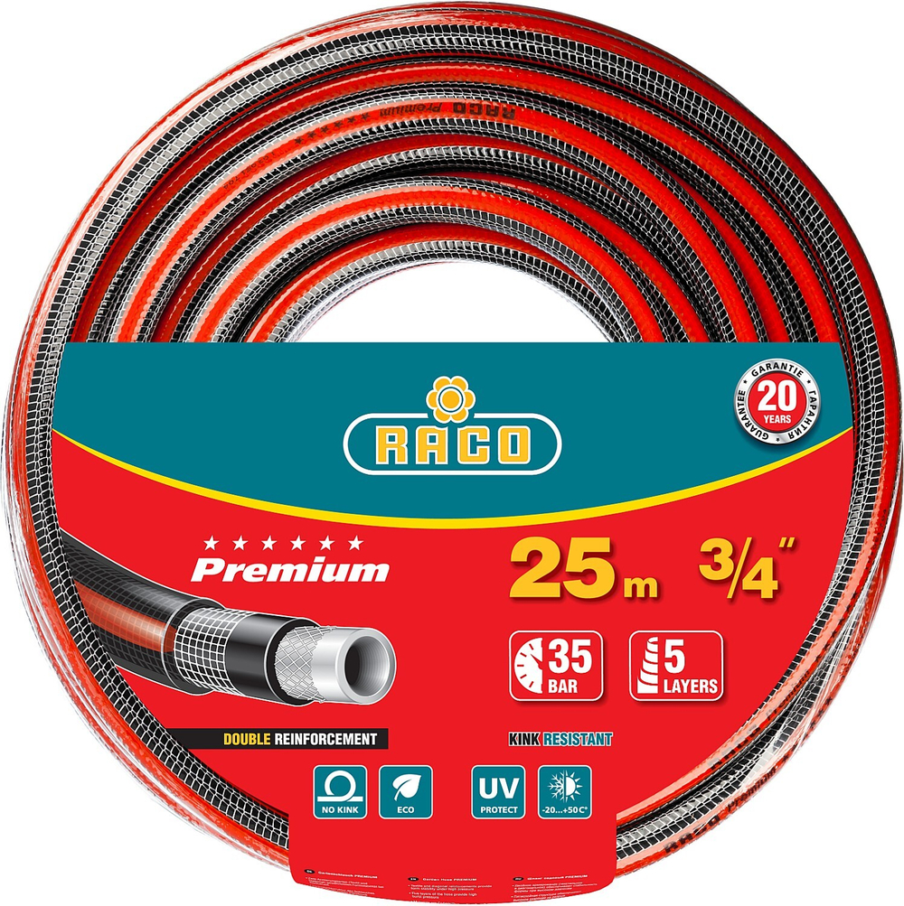 Поливочный шланг RACO PREMIUM 3/4″ 25 м 35 атм пятислойный усиленный двумя слоями армирования