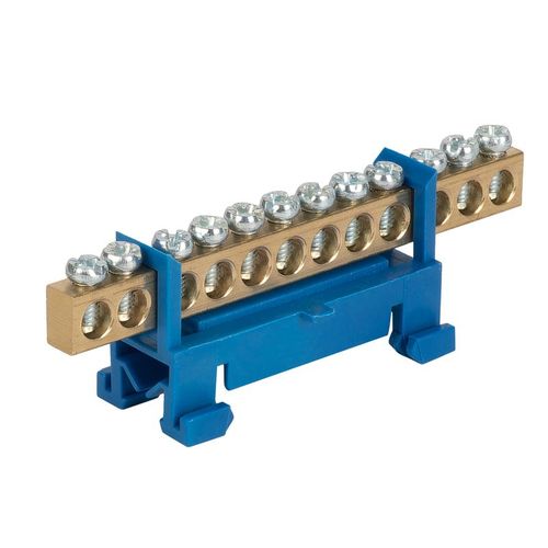 Шина нулевая 12 отверстий, латунь, изолятор "стойка" на DIN-рейку, синий, 6х9 мм