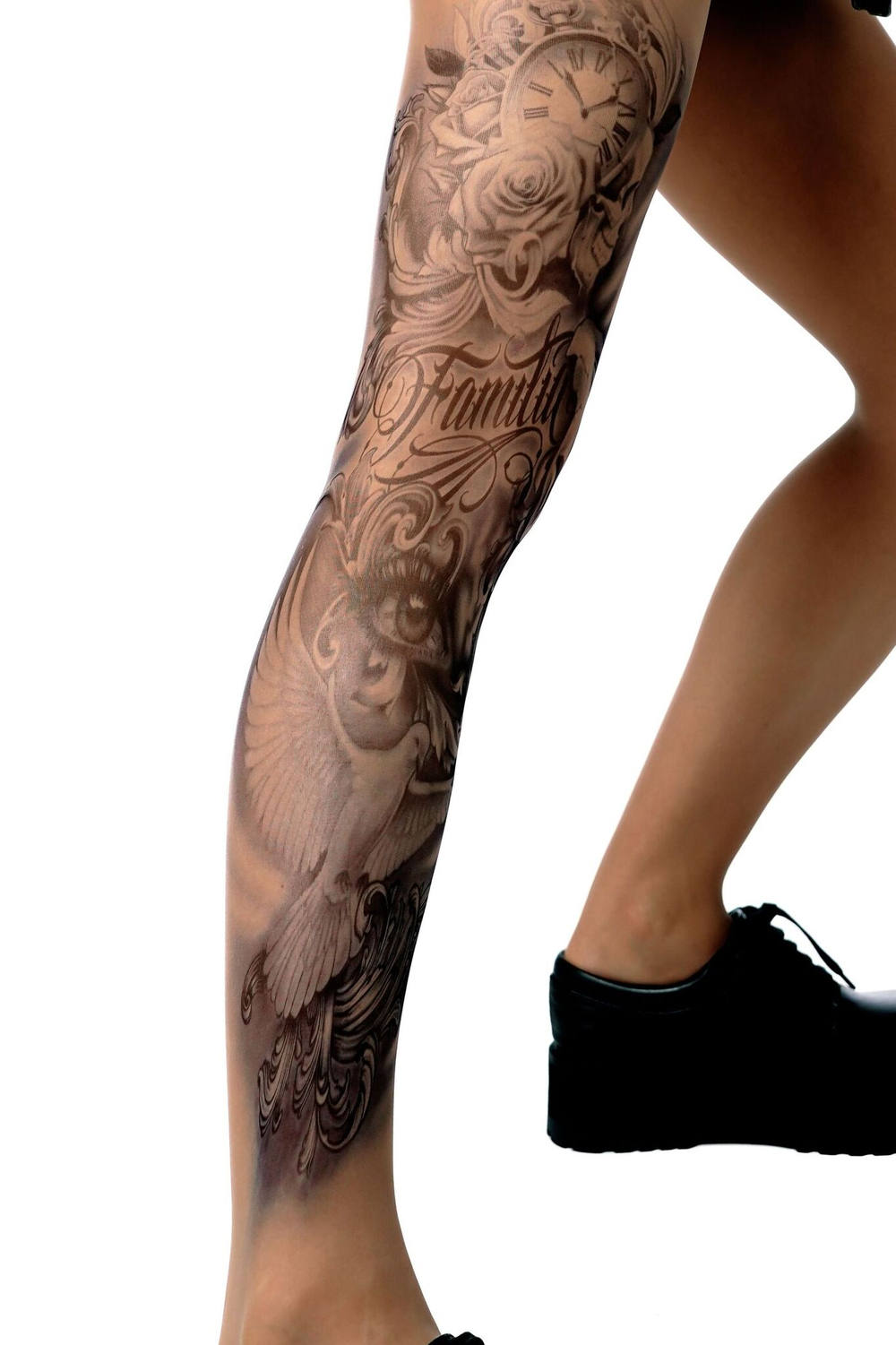 Женские колготки с имитацией татуировки на левой ножке (Размер: S-M-L) (Цвет: бежевый)