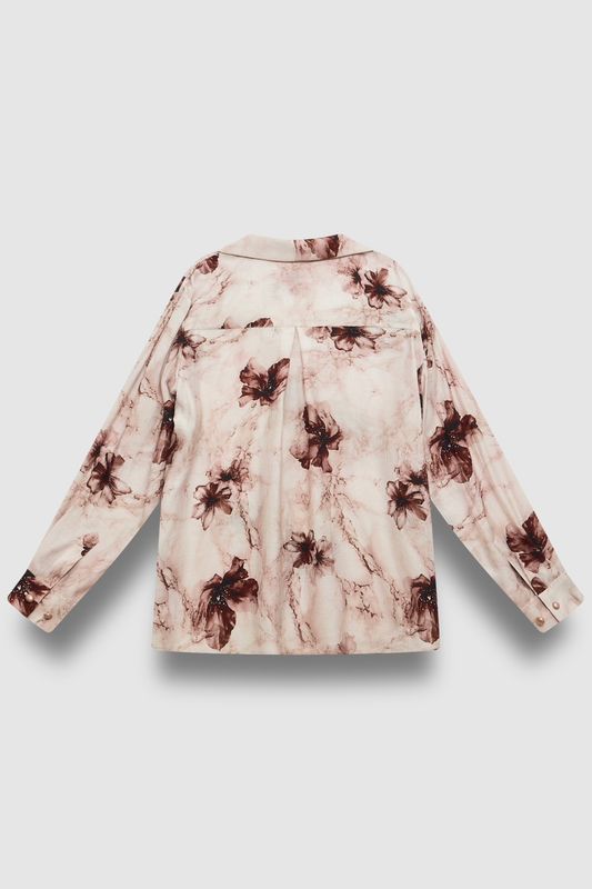 Блузка с отложным воротником, цветочный принт бежевый