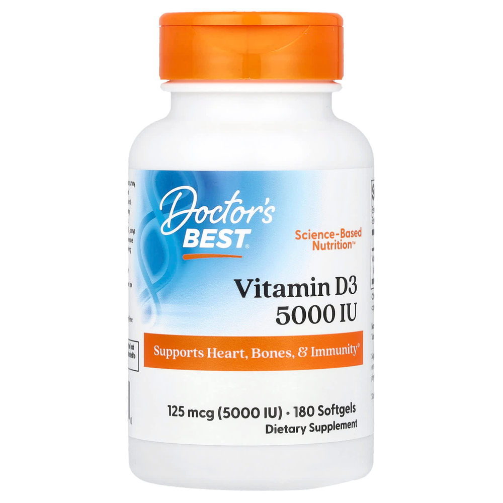 Doctor's Best, витамин D3, 125 мкг (5 000 МЕ), 180 капсул