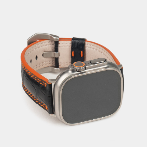 Ремешок для Apple Watch Ultra 49mm из кожи крокодила черного цвета с оранжевой строчкой