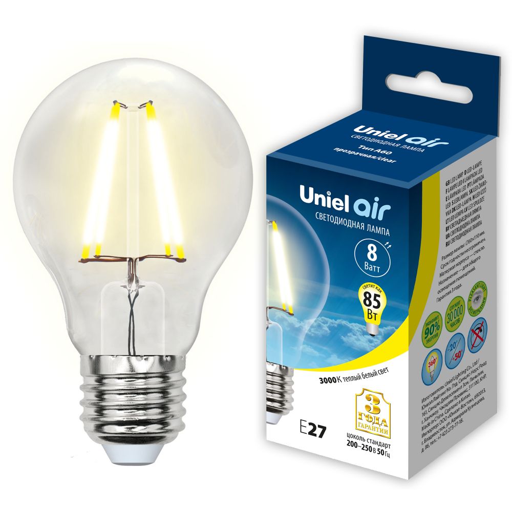 LED-A60-8W-WW-E27-CL GLA01TR Лампа светодиодная. Форма A. прозрачная. Серия Air. Теплый белый свет 3000K. Картон. ТМ Uniel