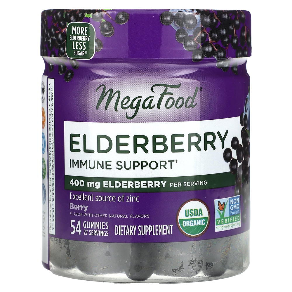 MegaFood, жевательные таблетки для поддержки иммунитета с бузиной, со вкусом ягод, 54 жевательных таблетки