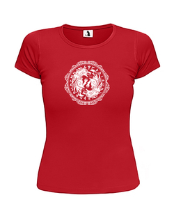 Скандинавская футболка с волком и рунами женская приталенная красная с белым рисунком