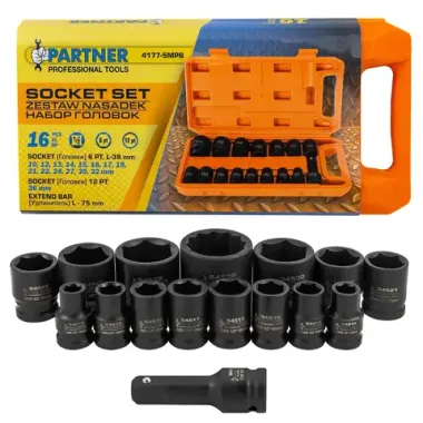 Набор головок ударных глубоких 16пр.1/2''(6-гр.)(10,12-17,19,21,22,24,27,30,32мм(36мм-12гр)+удлинитель 75мм),в кейсе Partner PA-4177-5MPB