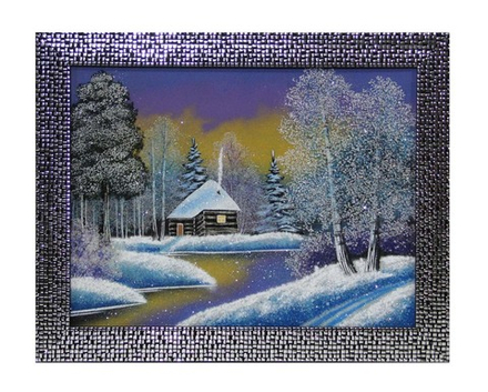 Картина№4 " Зимний вечер" рисованная уральскими минералами в пластиковом багете 36.5-46.5-1.5см