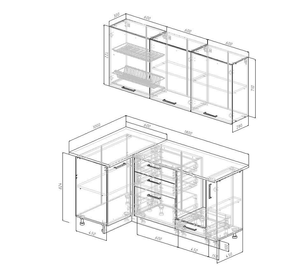Кухонный гарнитур угловой Антрацит (графит) 1000 1800 мм столешница 38 мм, ЛДСП, компактная угловая кухня для студии, дачи и малогабаритной квартиры
