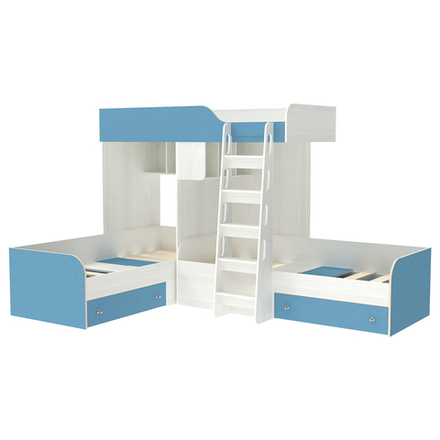Кровать-чердак КарИВи Трио Белое Дерево Светло-синий, голубой