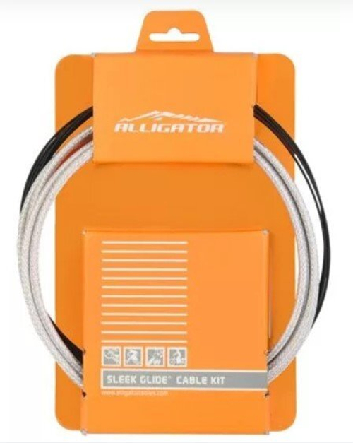 Комплект LY-BPTFE Alligator: 2 стальных троса тормоза, покрытых тефлоном 1,6х1000 мм + 1,6х2000 мм, 5-ти слойная оболочка Sleek Glide 5,0х2300 мм, наконечники оболочек троса 4 шт. HPA08 + 2 шт. HPA09, 2 направляющие троса IPR08, 2 наконечника троса IPA03
