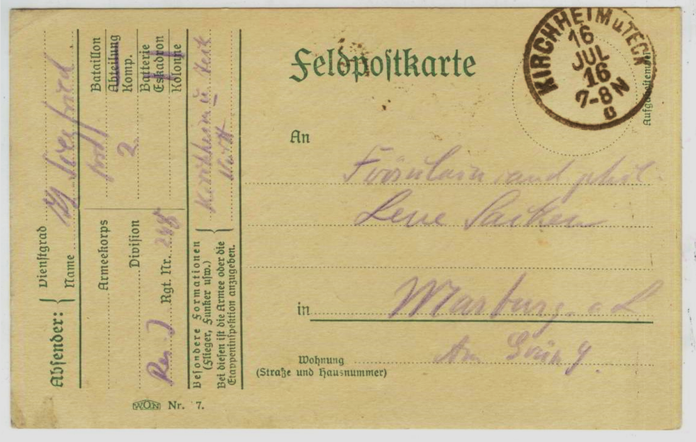 Почтовая карточка - Германия - 1916 г. Подписана, прошла почту