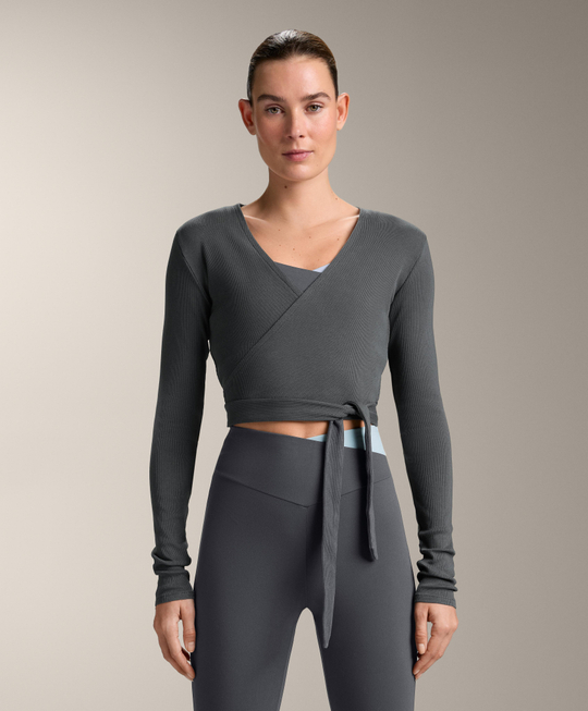 Oysho Футболка с длинными рукавами на запахе в рубчик, темно-серый