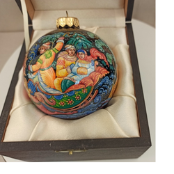 Шар новогодний с круговой росписью Палех "Зимняя тройка" в футляре