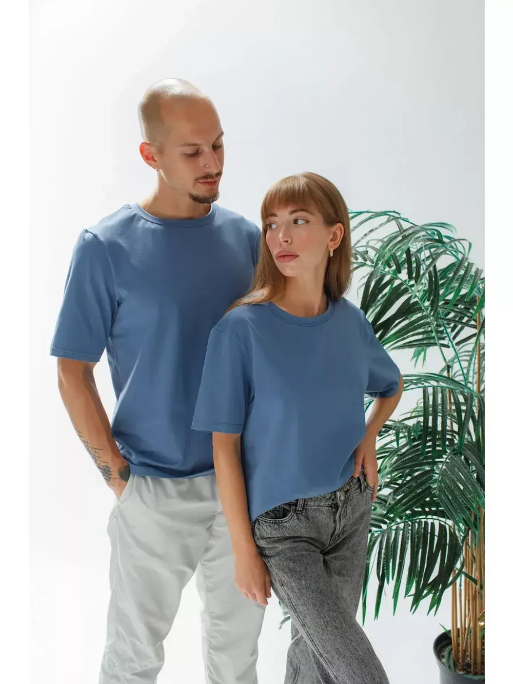 Футболка унисекс синяя повседневная базовая оверсайз
