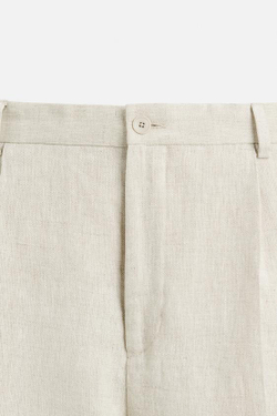 ZARA БРЮКИ ИЗ 100% ЛЬНА С ЗАЩИПАМИ, СВЕТЛО-БЕЖЕВЫЙ