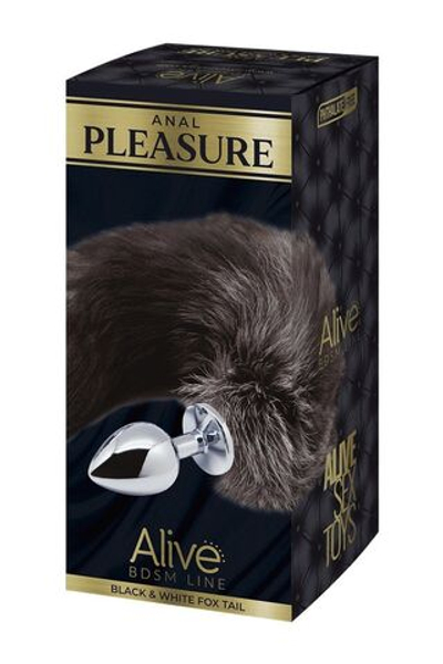 Серебристая анальная пробка с темным лисьим хвостом Black & White Fox Tail Size M (Цвет: серебристый с черным)