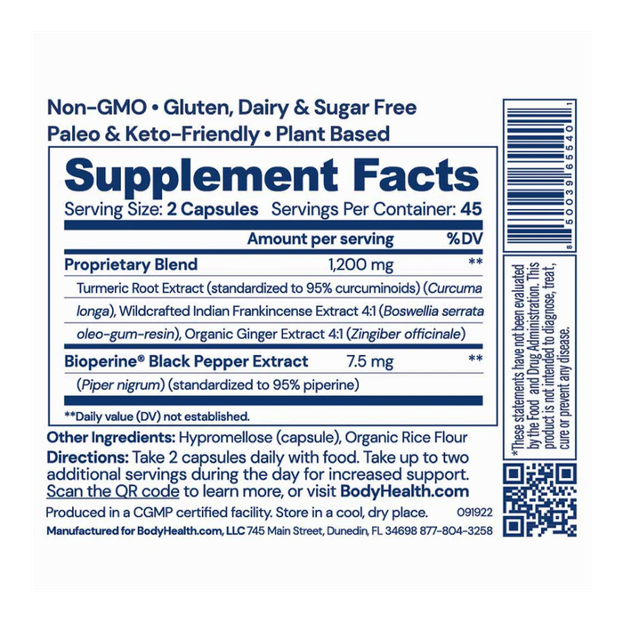Растительный комплекс с куркумой, босвеллией и имбирём, Relief, BodyHealth, 90 капсул 2
