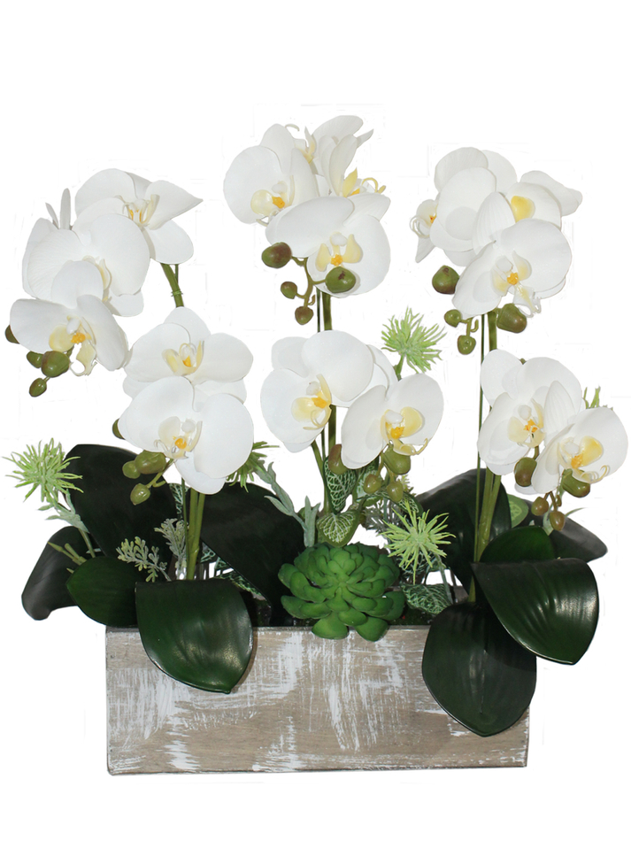 Искусственные Орхидеи белые в деревянном кашпо