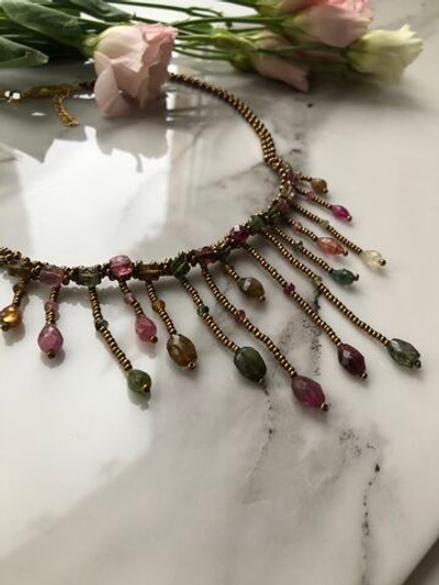 Колье из бисера ручной работы с камнем Турмалин