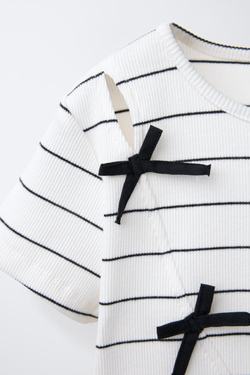 ZARA ФУТБОЛКА В ПОЛОСКУ С БАНТАМИ И КРОМКАМИ В РУБЧИК, БЕЛЫЙ/ЧЕРНЫЙ