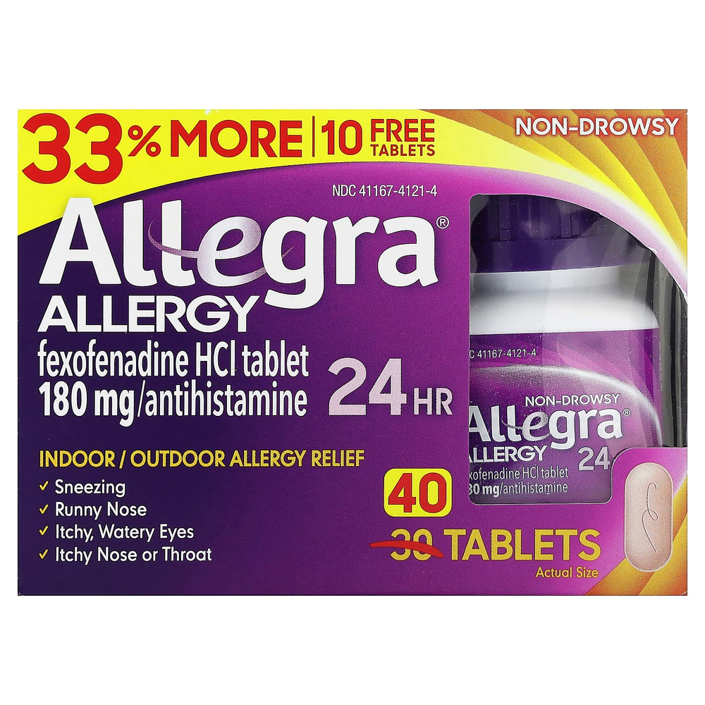Allegra, Allergy 24 HR, не вызывает сонливость, 180 мг, 40 таблеток
