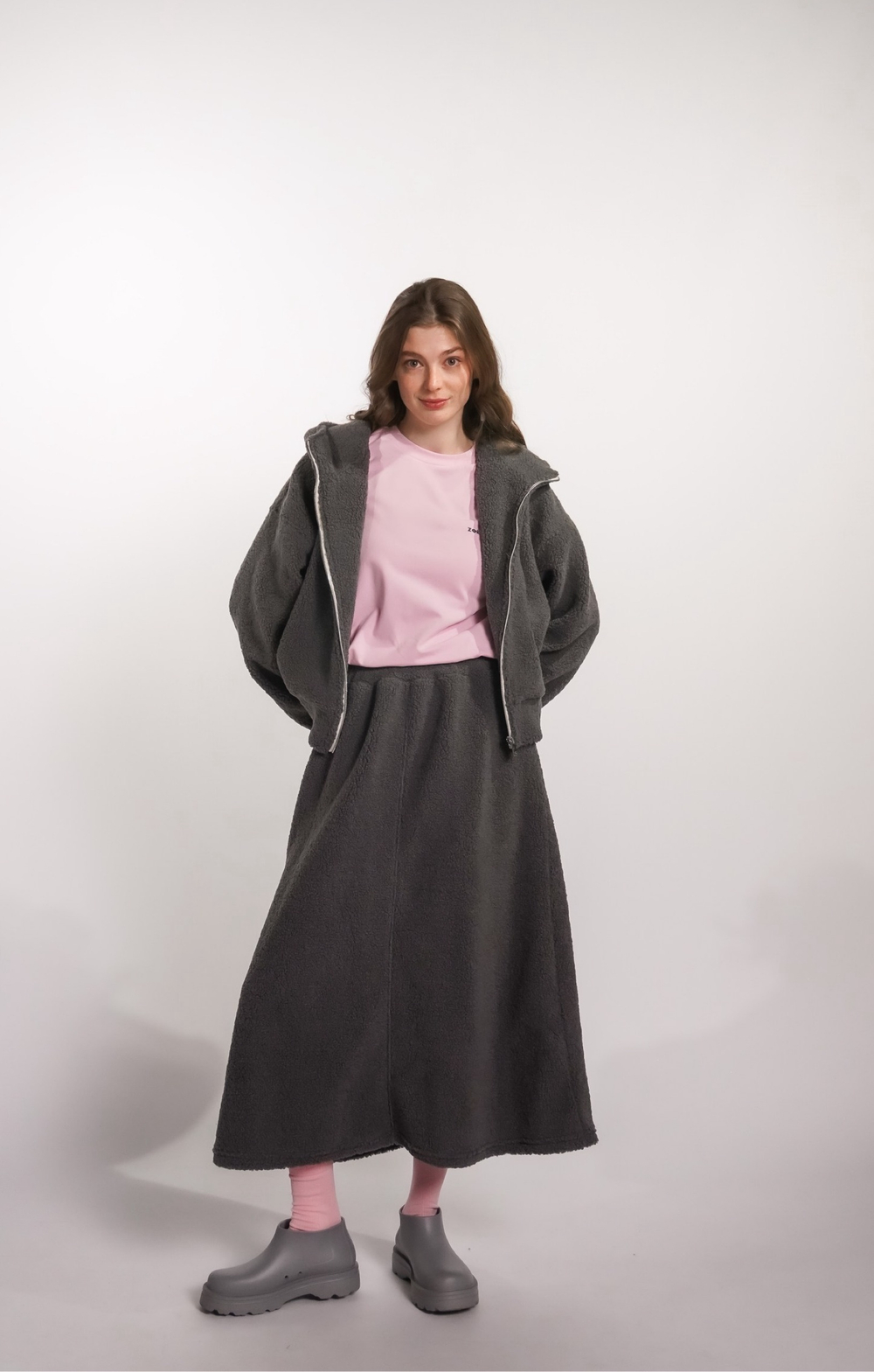 Юбка-трапеция из плюшевой ткани, графит
