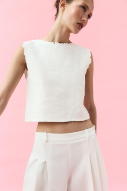 ZARA ТОП ИЗ ИНТЕРЛОКА С ВЫШИВКОЙ, БЕЛЫЙ