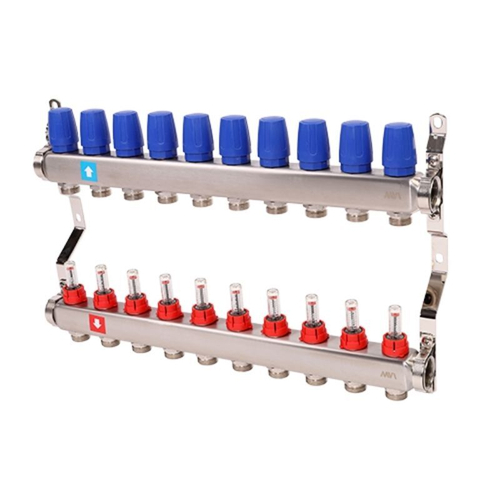 Блок коллекторный MVI из нержавеющей стали DN 25-10 выходов G 3/4, с расходомерами, без дренажного крана и воздухоотводчика, евроконус, MS.510.06