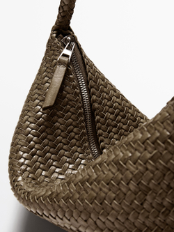 Massimo Dutti Маленькая плетеная кожаная сумка через плечо, хаки