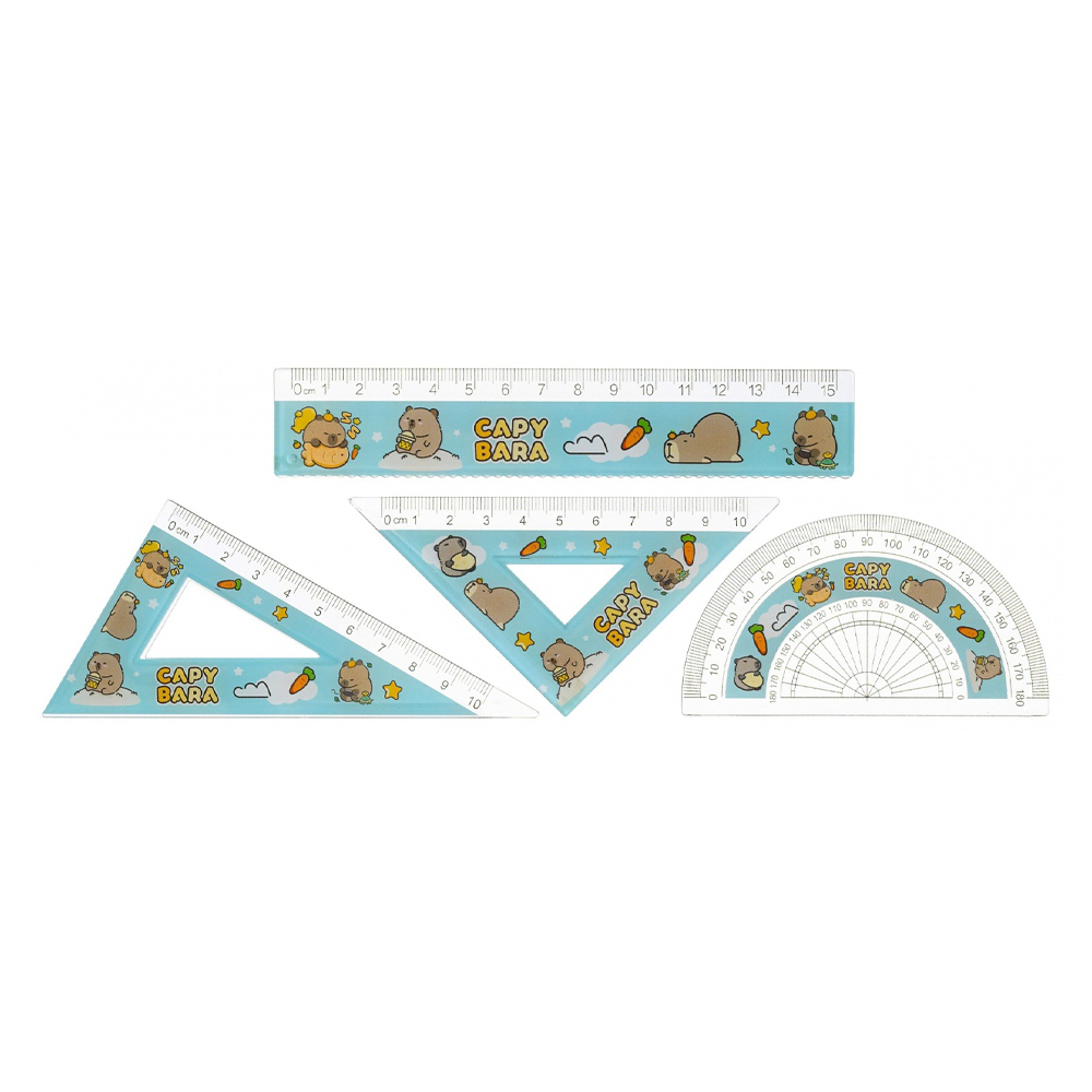 Линейка Basir пластиковая, набор 4 шт, серия "Капибара", 4 предмета: линейка 15 см, транспортир и два угольника