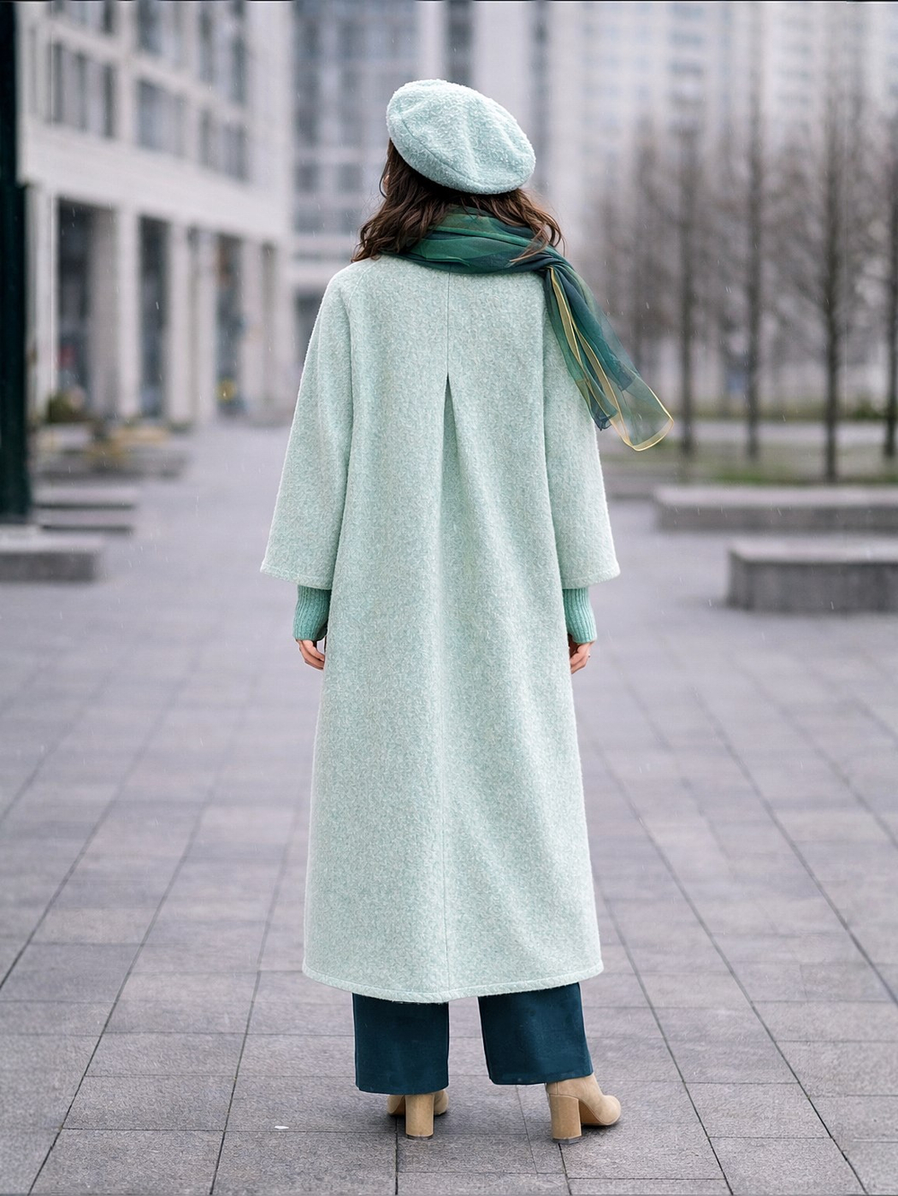 Кафтан -пальто с поясом без подкладки /шалфей