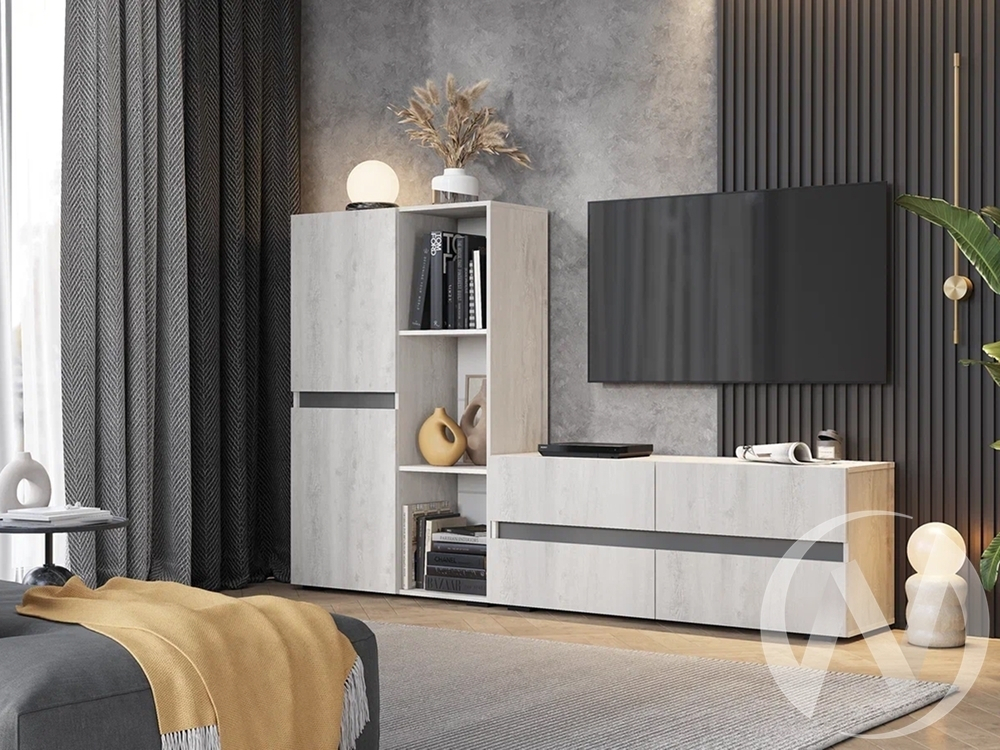 Гостиная "Мрия" (бетон пайн светлый/графит) Комплектация 2