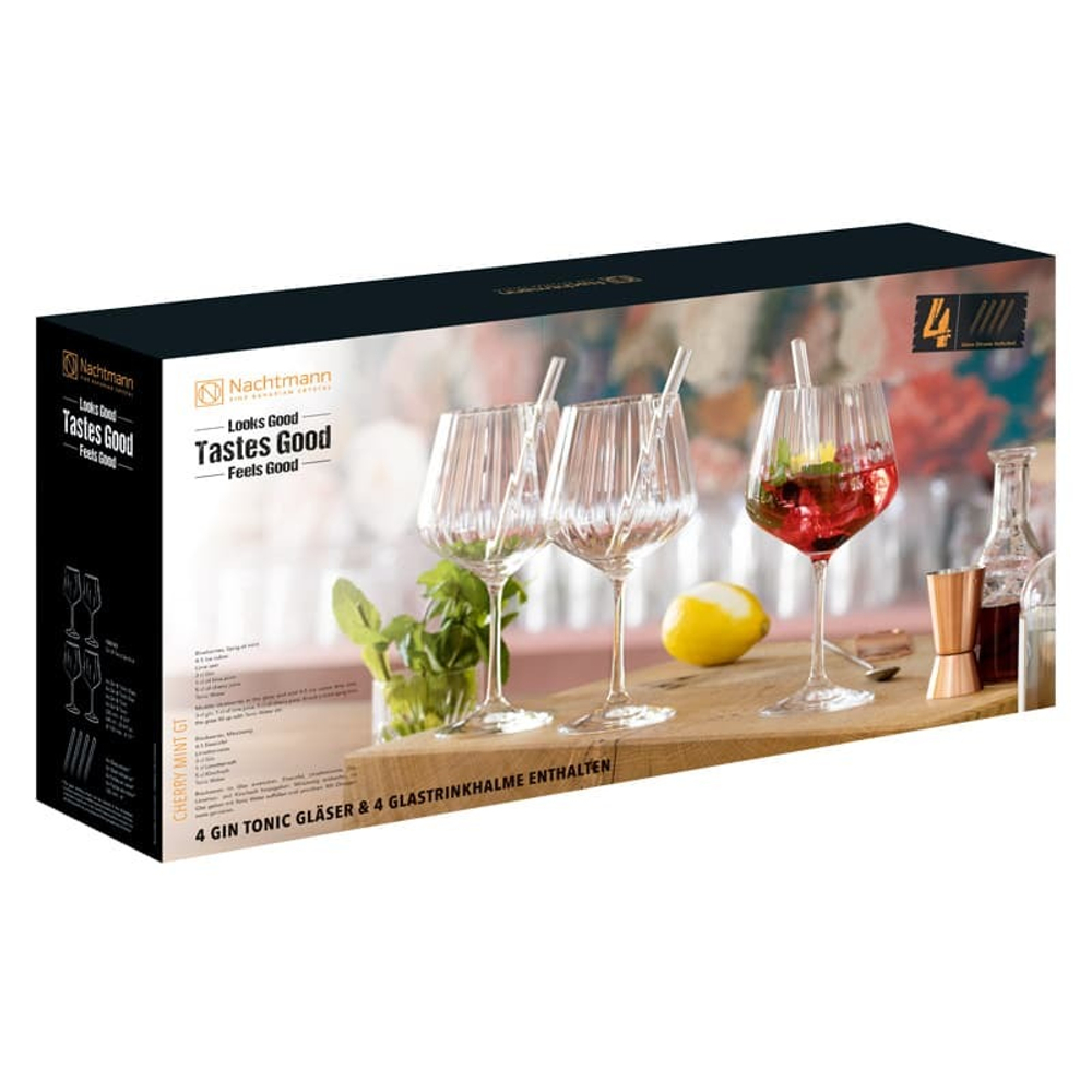 Набор из 4-х бокалов для коктейлей с трубочками Gin Tonic Tastes Good 640 мл Nachtmann